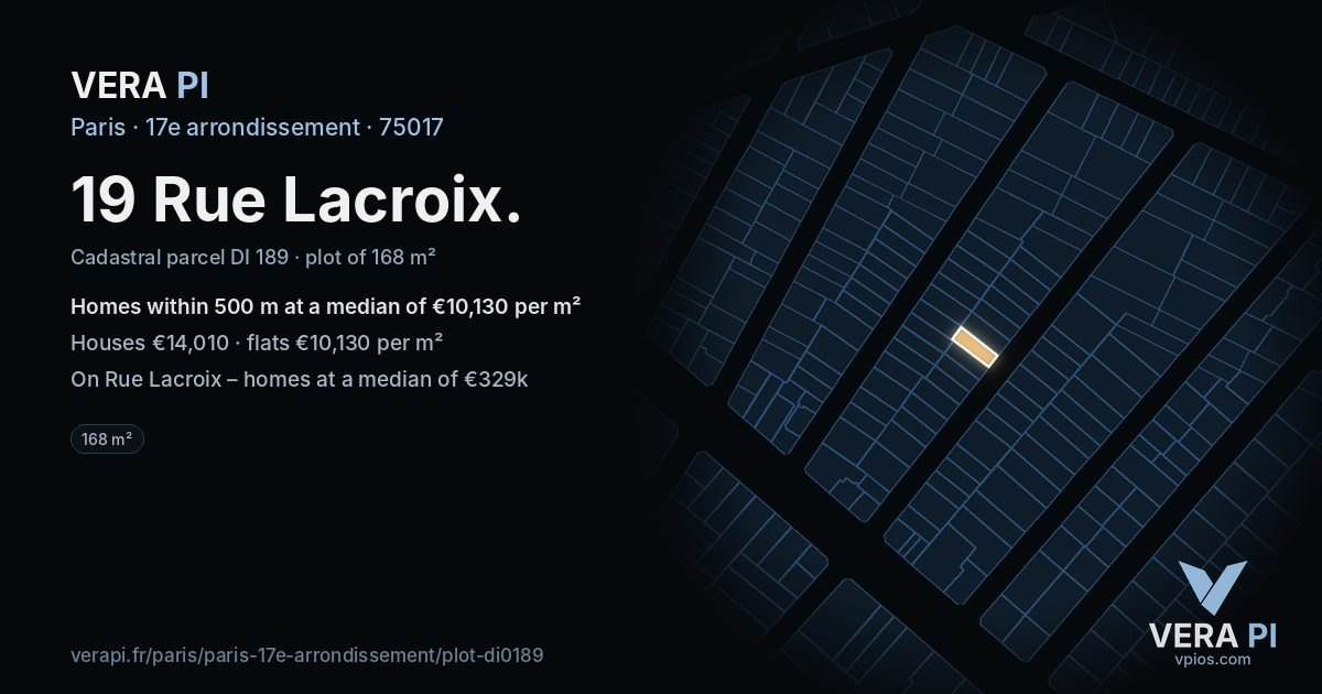 19 Rue Lacroix, 17e arrondissement at night – the plot lit, the parcels around coloured by the prices near them
