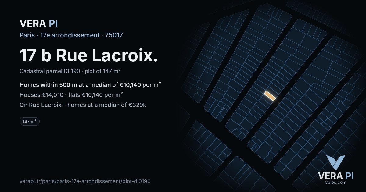 17 b Rue Lacroix, 17e arrondissement at night – the plot lit, the parcels around coloured by the prices near them