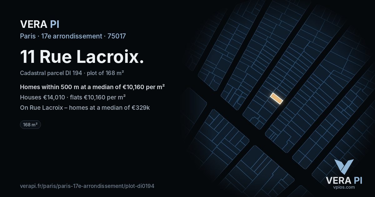 11 Rue Lacroix, 17e arrondissement at night – the plot lit, the parcels around coloured by the prices near them