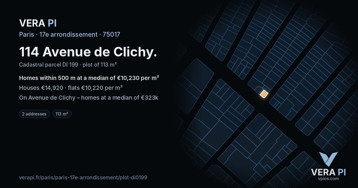 114 Avenue de Clichy, 17e arrondissement at night – the plot lit, the parcels around coloured by the prices near them