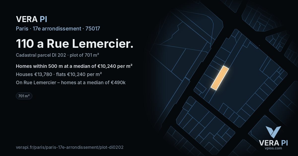 110 a Rue Lemercier, 17e arrondissement at night – the plot lit, the parcels around coloured by the prices near them