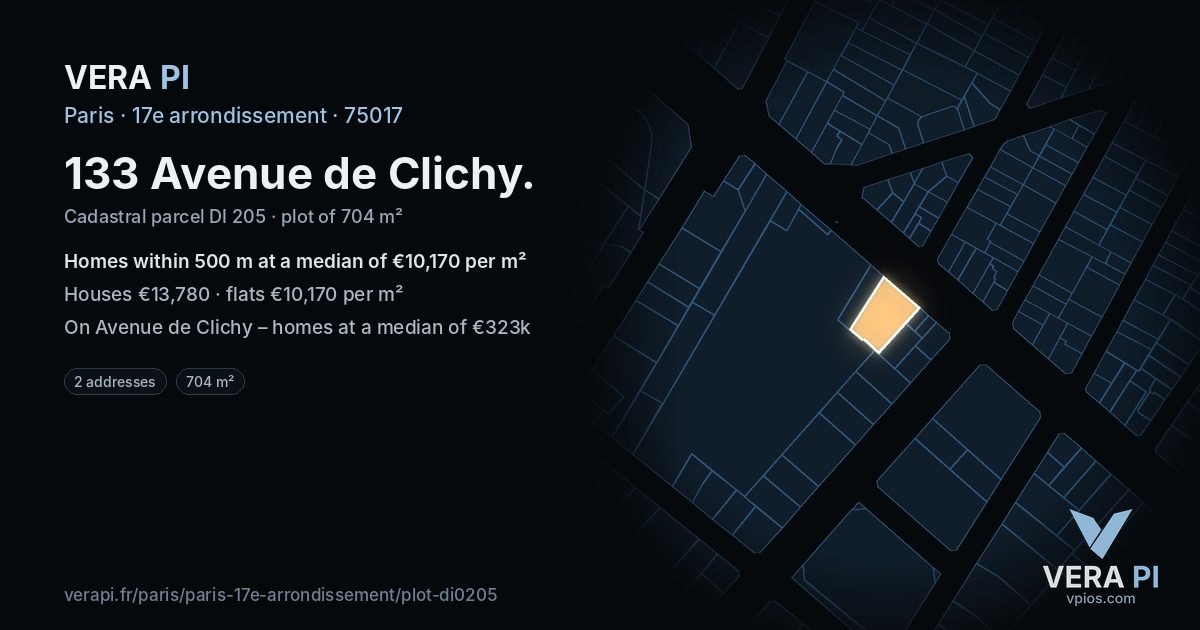 133 Avenue de Clichy, 17e arrondissement at night – the plot lit, the parcels around coloured by the prices near them