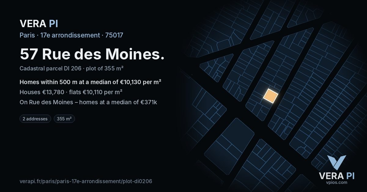 57 Rue des Moines, 17e arrondissement at night – the plot lit, the parcels around coloured by the prices near them