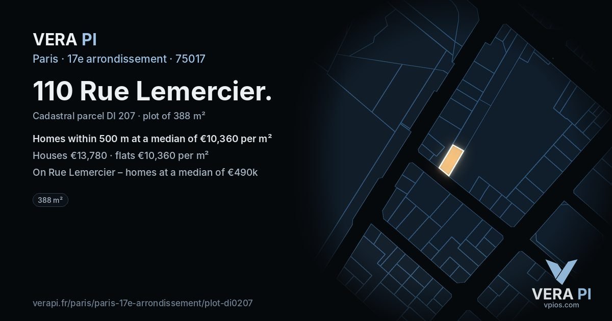 110 Rue Lemercier, 17e arrondissement at night – the plot lit, the parcels around coloured by the prices near them