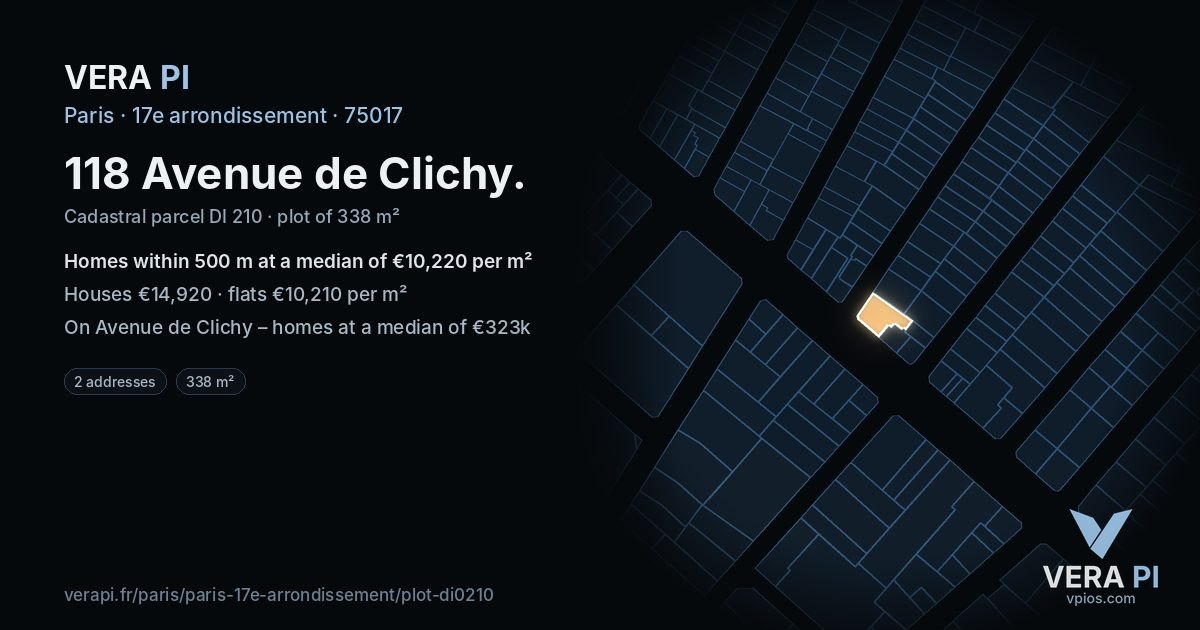 118 Avenue de Clichy, 17e arrondissement at night – the plot lit, the parcels around coloured by the prices near them