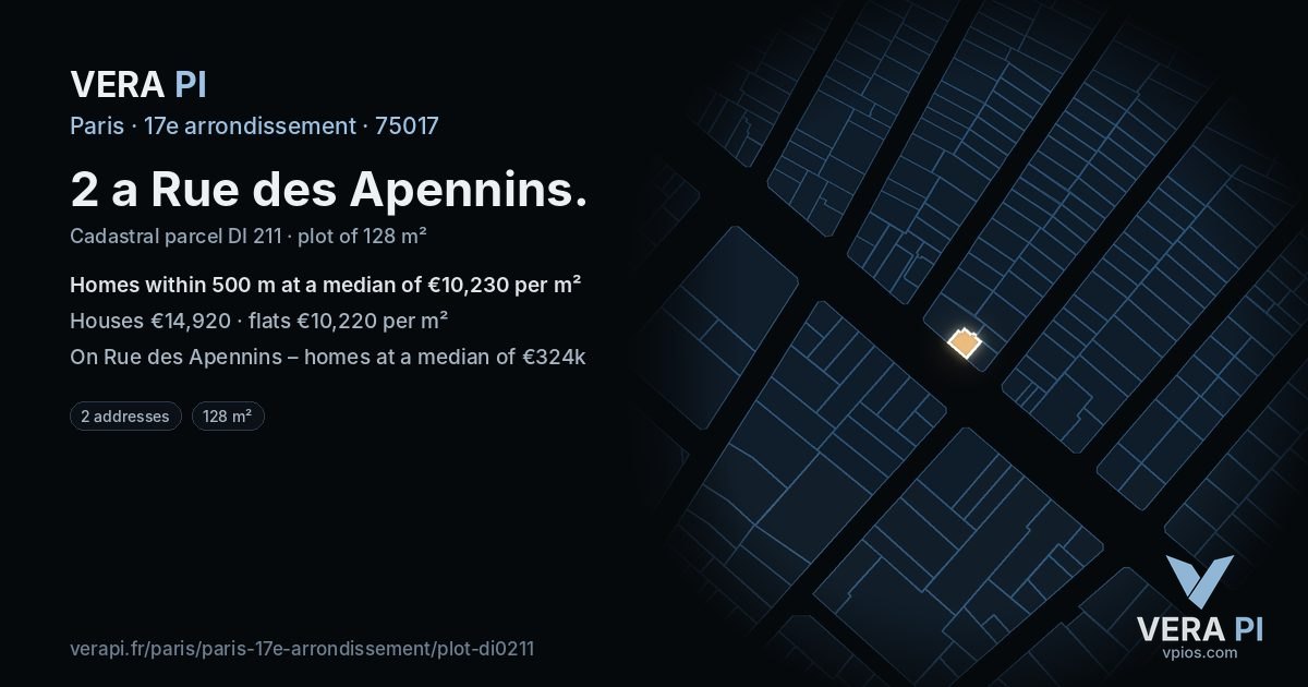2 a Rue des Apennins, 17e arrondissement at night – the plot lit, the parcels around coloured by the prices near them