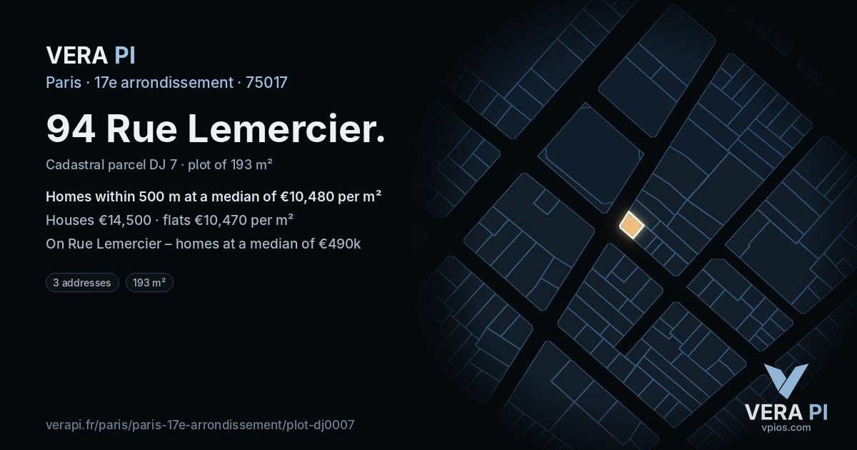 94 Rue Lemercier, 17e arrondissement at night – the plot lit, the parcels around coloured by the prices near them