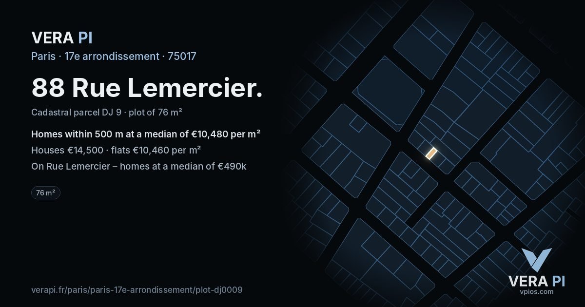 88 Rue Lemercier, 17e arrondissement at night – the plot lit, the parcels around coloured by the prices near them