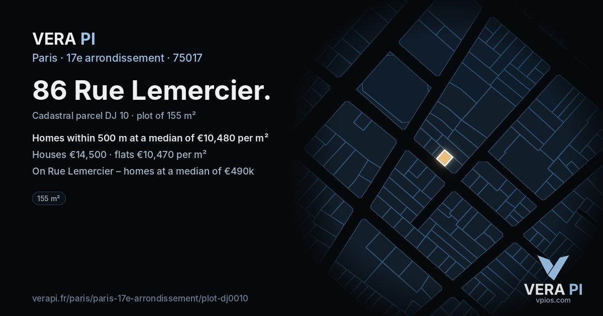 86 Rue Lemercier, 17e arrondissement at night – the plot lit, the parcels around coloured by the prices near them