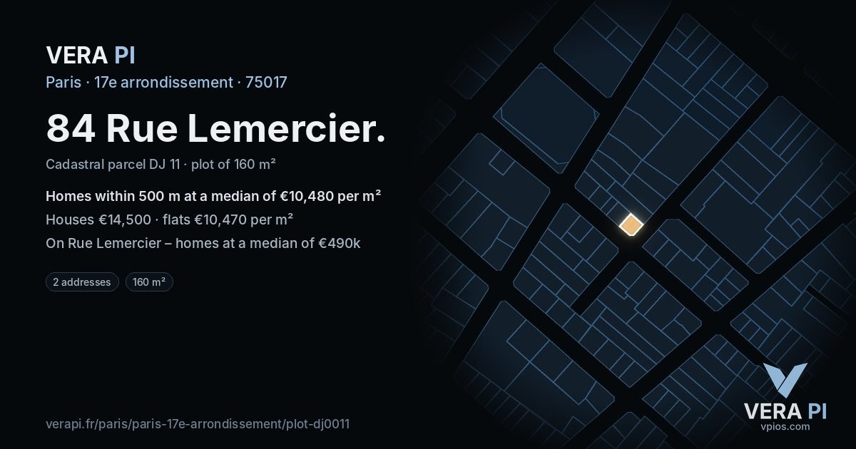 84 Rue Lemercier, 17e arrondissement at night – the plot lit, the parcels around coloured by the prices near them