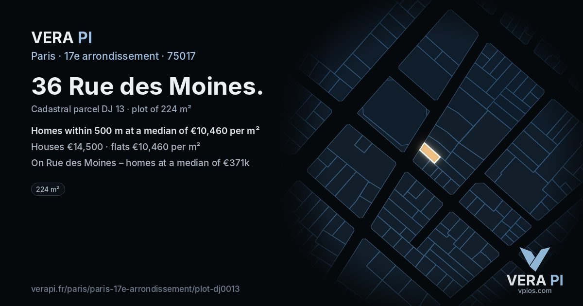 36 Rue des Moines, 17e arrondissement at night – the plot lit, the parcels around coloured by the prices near them