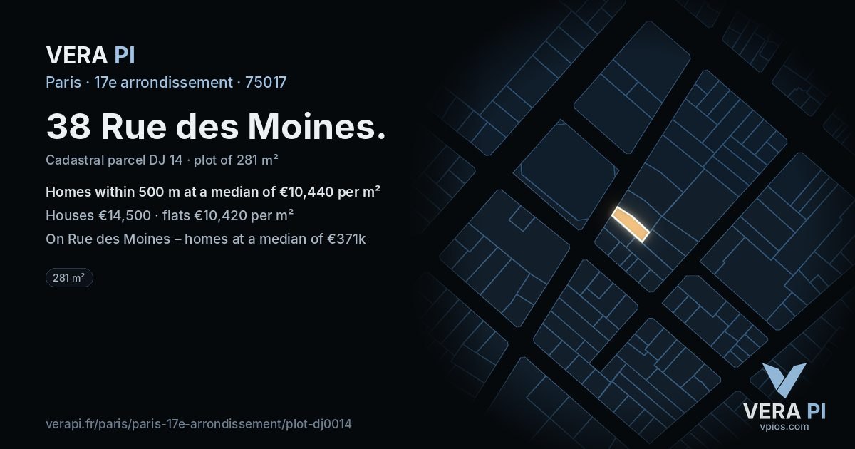 38 Rue des Moines, 17e arrondissement at night – the plot lit, the parcels around coloured by the prices near them