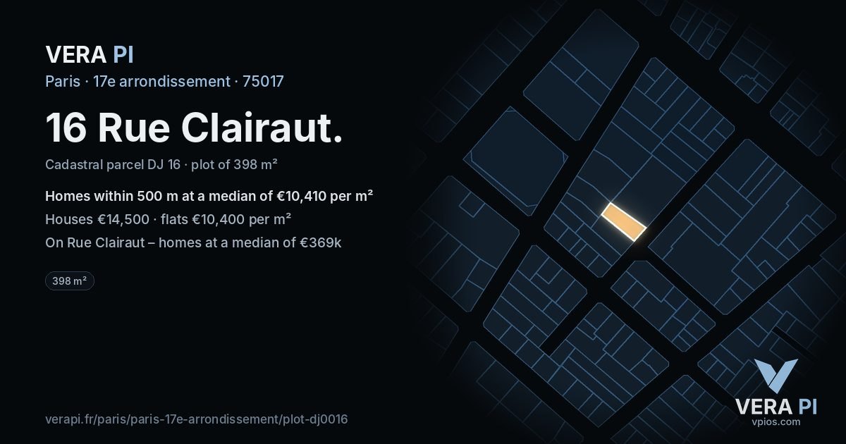 16 Rue Clairaut, 17e arrondissement at night – the plot lit, the parcels around coloured by the prices near them