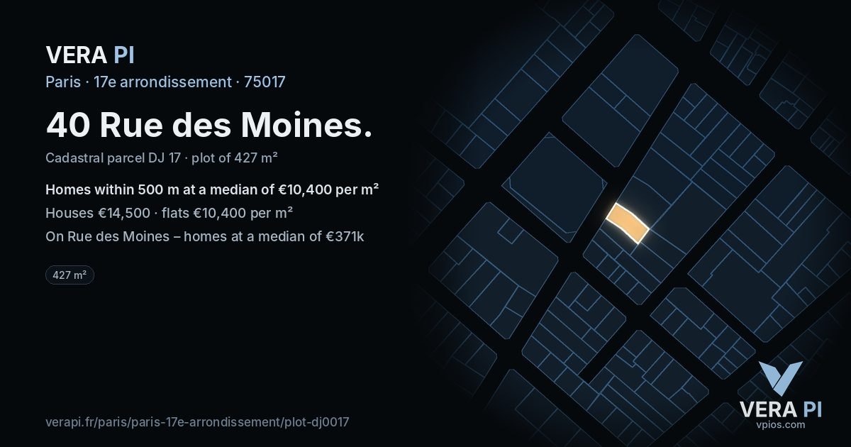 40 Rue des Moines, 17e arrondissement at night – the plot lit, the parcels around coloured by the prices near them