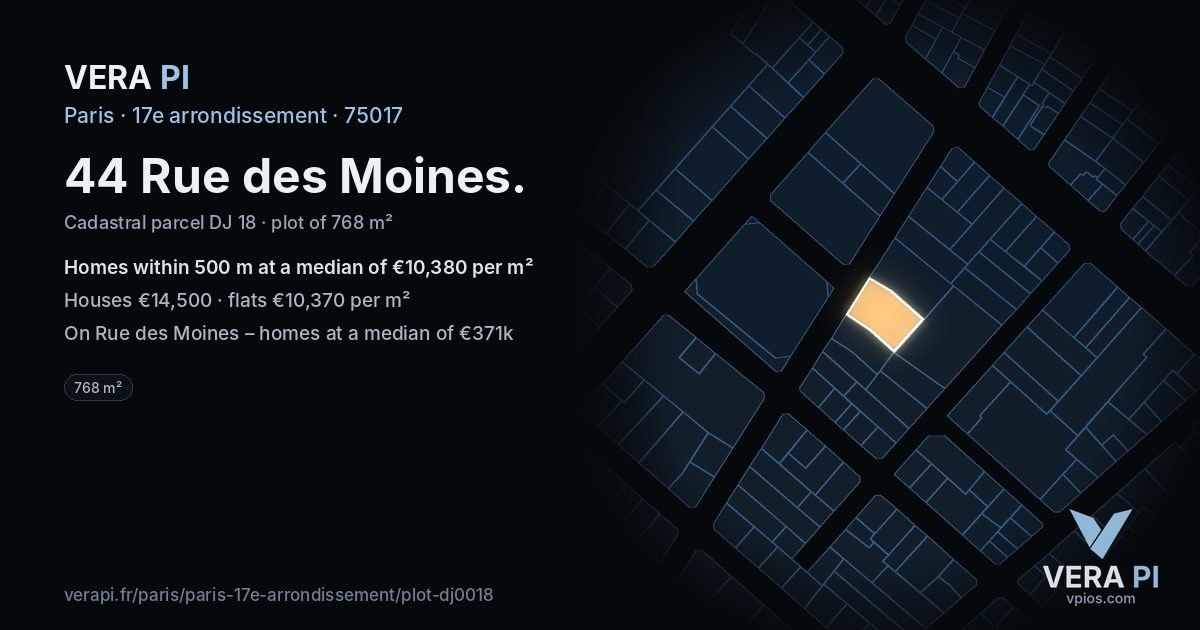 44 Rue des Moines, 17e arrondissement at night – the plot lit, the parcels around coloured by the prices near them