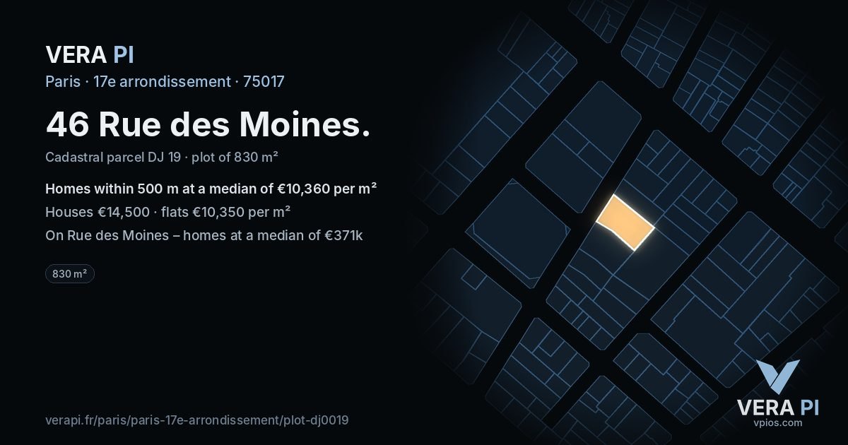 46 Rue des Moines, 17e arrondissement at night – the plot lit, the parcels around coloured by the prices near them