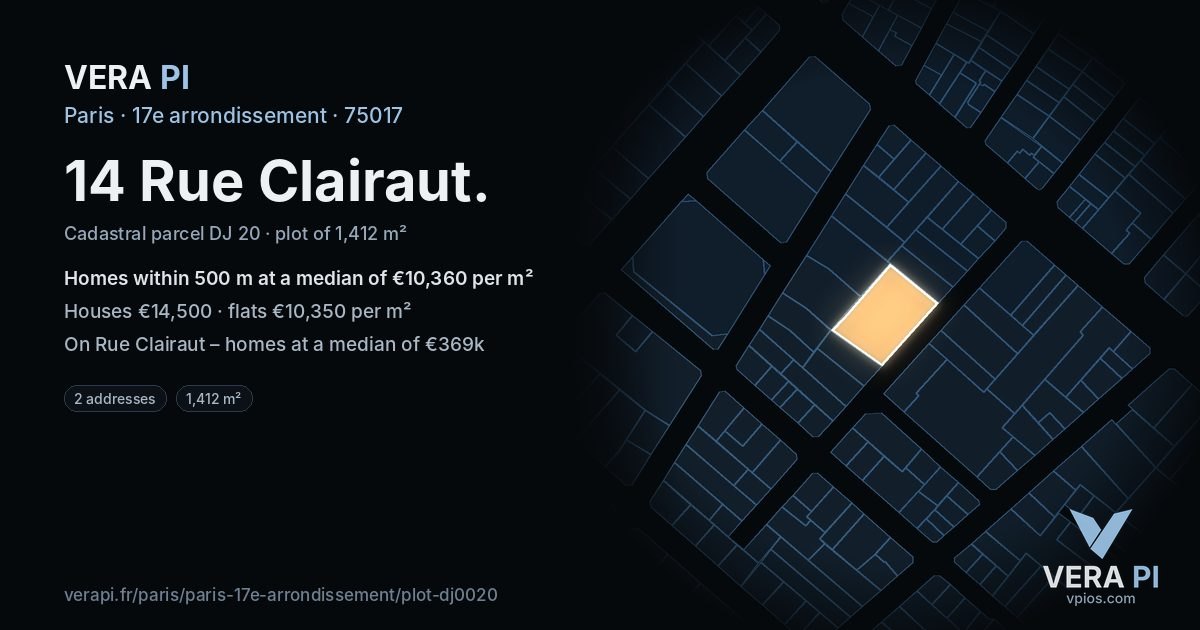 14 Rue Clairaut, 17e arrondissement at night – the plot lit, the parcels around coloured by the prices near them