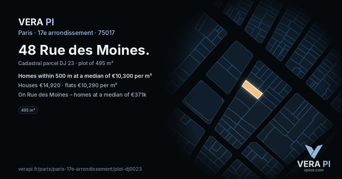 48 Rue des Moines, 17e arrondissement at night – the plot lit, the parcels around coloured by the prices near them