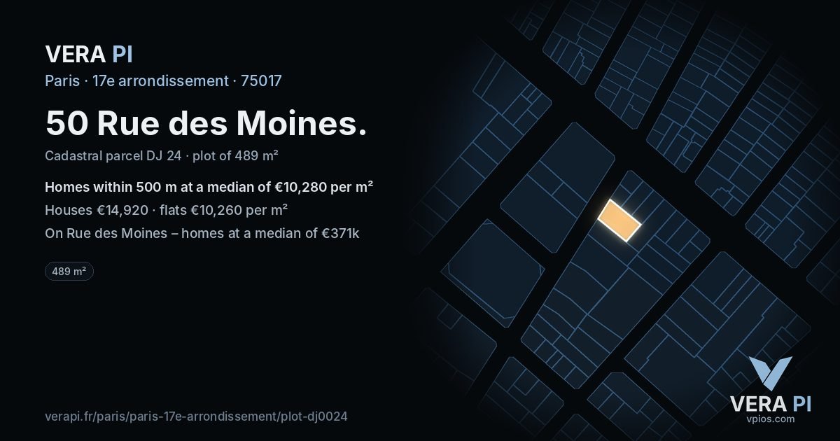 50 Rue des Moines, 17e arrondissement at night – the plot lit, the parcels around coloured by the prices near them
