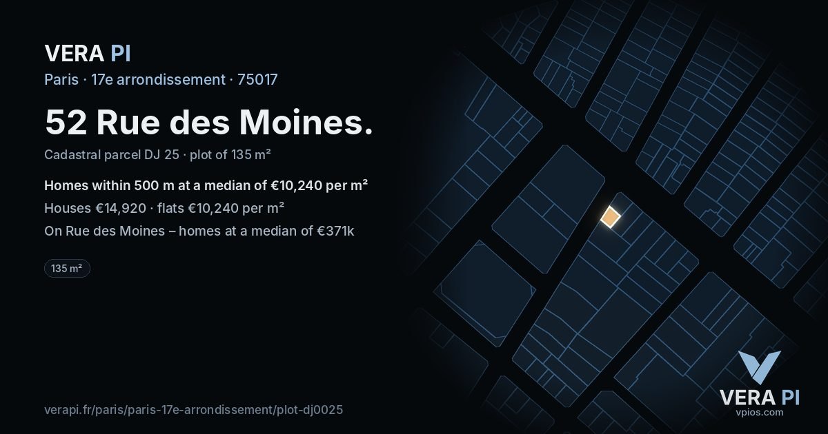 52 Rue des Moines, 17e arrondissement at night – the plot lit, the parcels around coloured by the prices near them