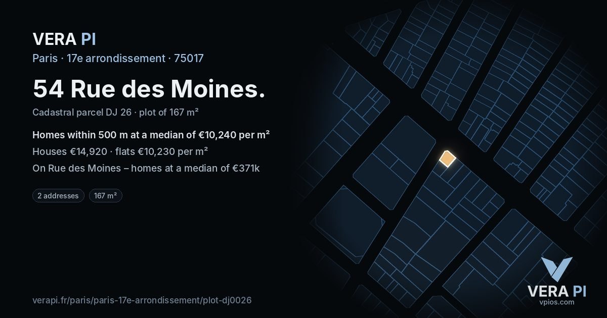 54 Rue des Moines, 17e arrondissement at night – the plot lit, the parcels around coloured by the prices near them