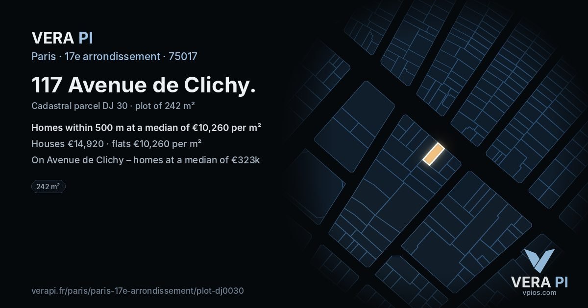 117 Avenue de Clichy, 17e arrondissement at night – the plot lit, the parcels around coloured by the prices near them