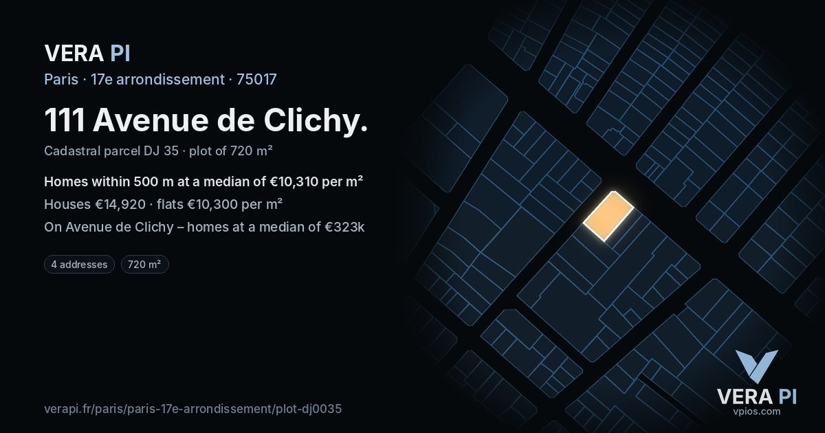 111 Avenue de Clichy, 17e arrondissement at night – the plot lit, the parcels around coloured by the prices near them