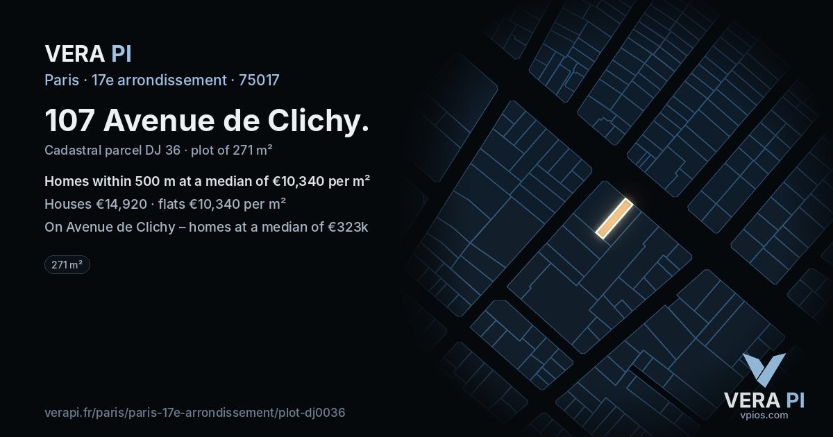 107 Avenue de Clichy, 17e arrondissement at night – the plot lit, the parcels around coloured by the prices near them