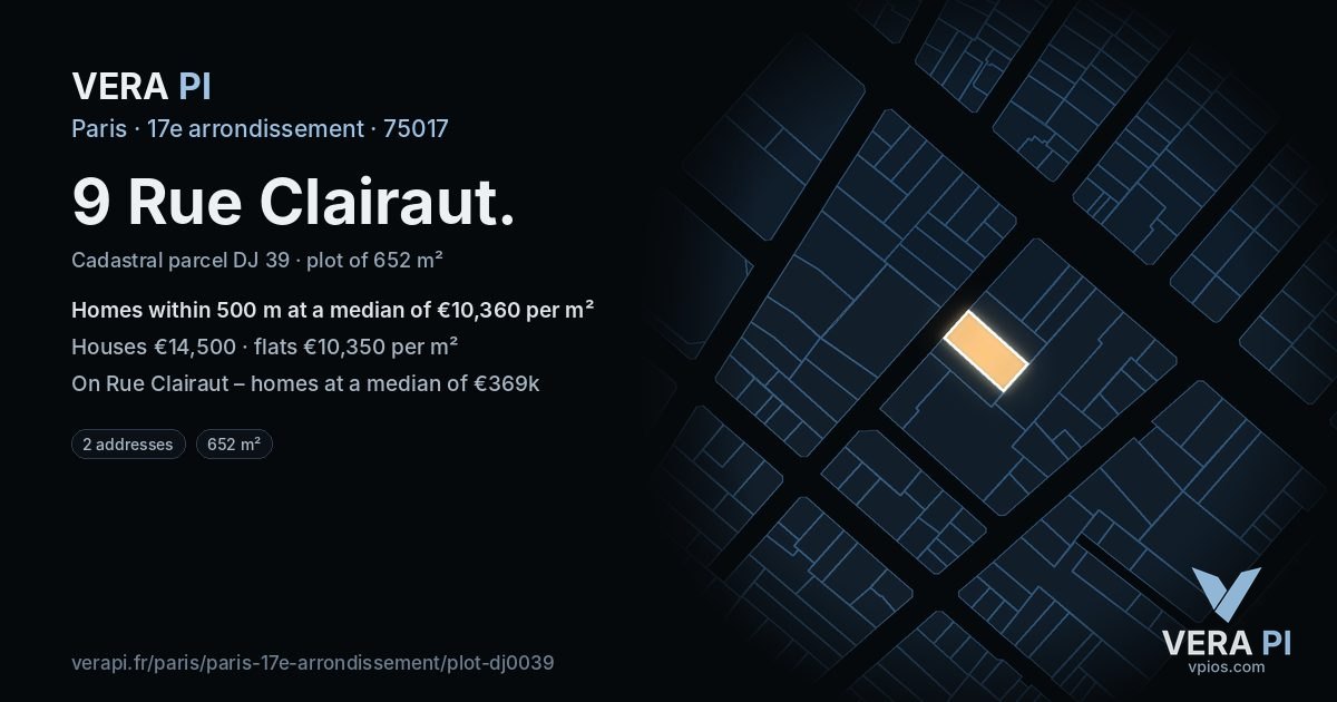 9 Rue Clairaut, 17e arrondissement at night – the plot lit, the parcels around coloured by the prices near them