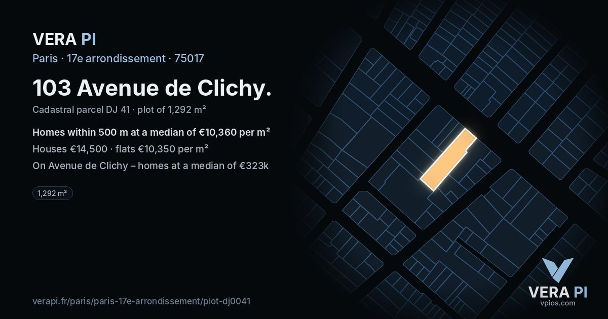 103 Avenue de Clichy, 17e arrondissement at night – the plot lit, the parcels around coloured by the prices near them