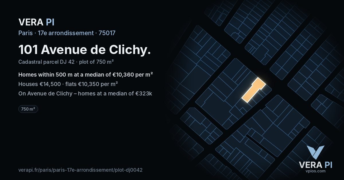 101 Avenue de Clichy, 17e arrondissement at night – the plot lit, the parcels around coloured by the prices near them