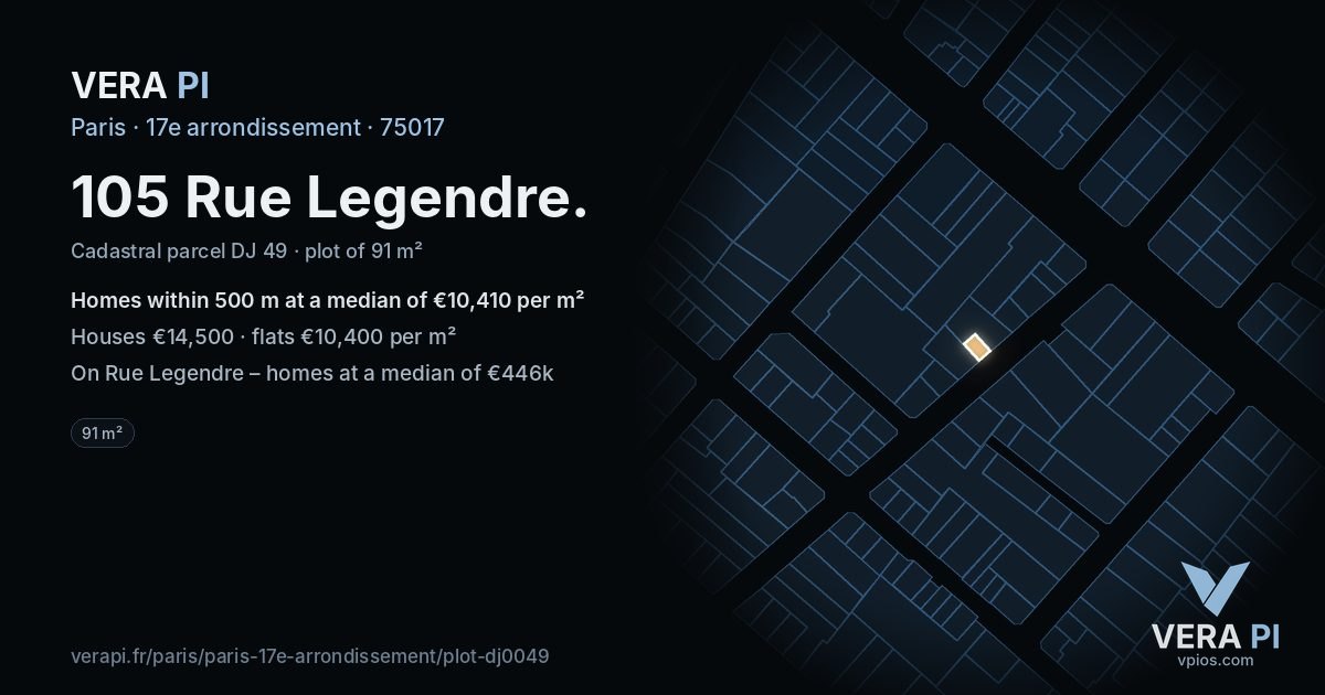 105 Rue Legendre, 17e arrondissement at night – the plot lit, the parcels around coloured by the prices near them