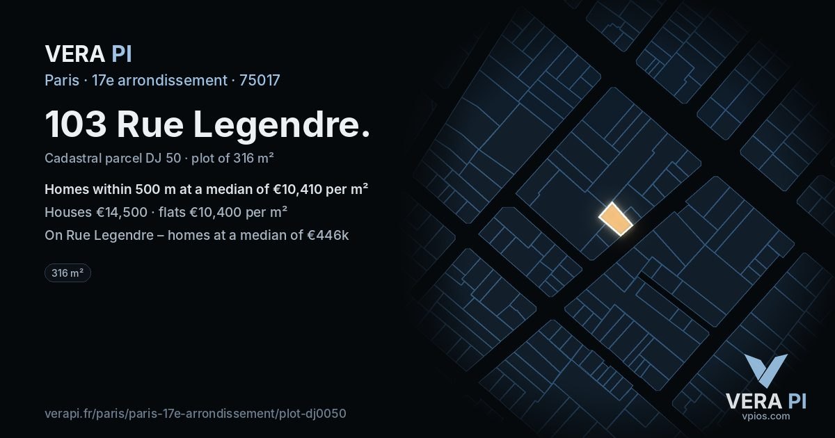 103 Rue Legendre, 17e arrondissement at night – the plot lit, the parcels around coloured by the prices near them
