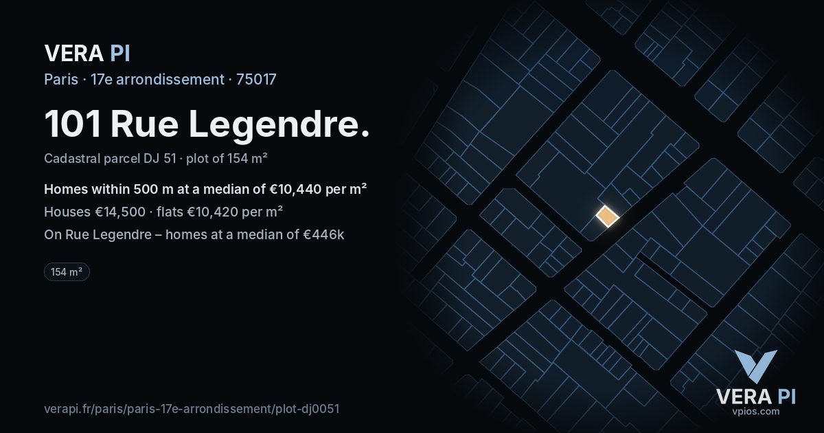 101 Rue Legendre, 17e arrondissement at night – the plot lit, the parcels around coloured by the prices near them