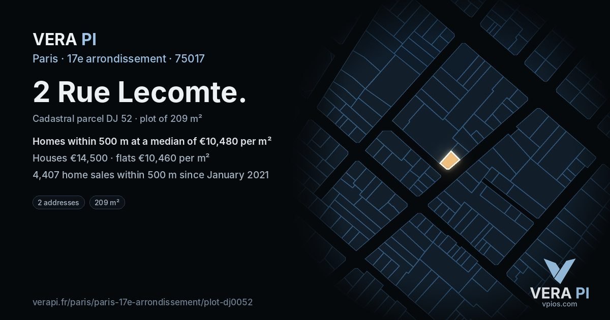 2 Rue Lecomte, 17e arrondissement at night – the plot lit, the parcels around coloured by the prices near them
