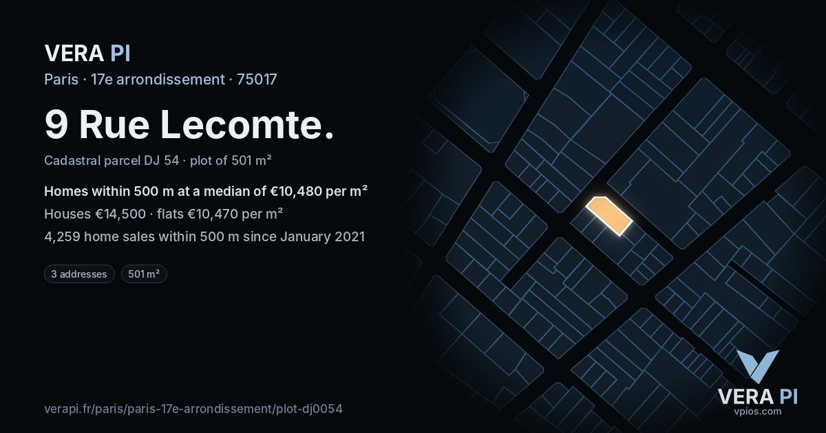 9 Rue Lecomte, 17e arrondissement at night – the plot lit, the parcels around coloured by the prices near them