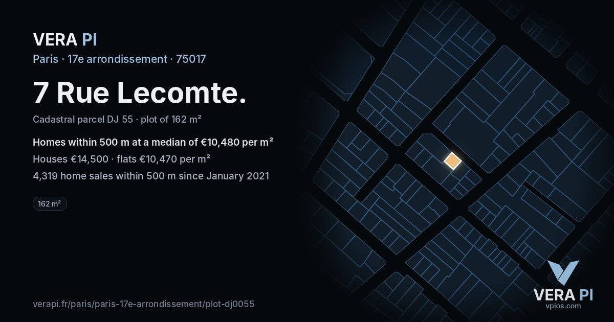 7 Rue Lecomte, 17e arrondissement at night – the plot lit, the parcels around coloured by the prices near them