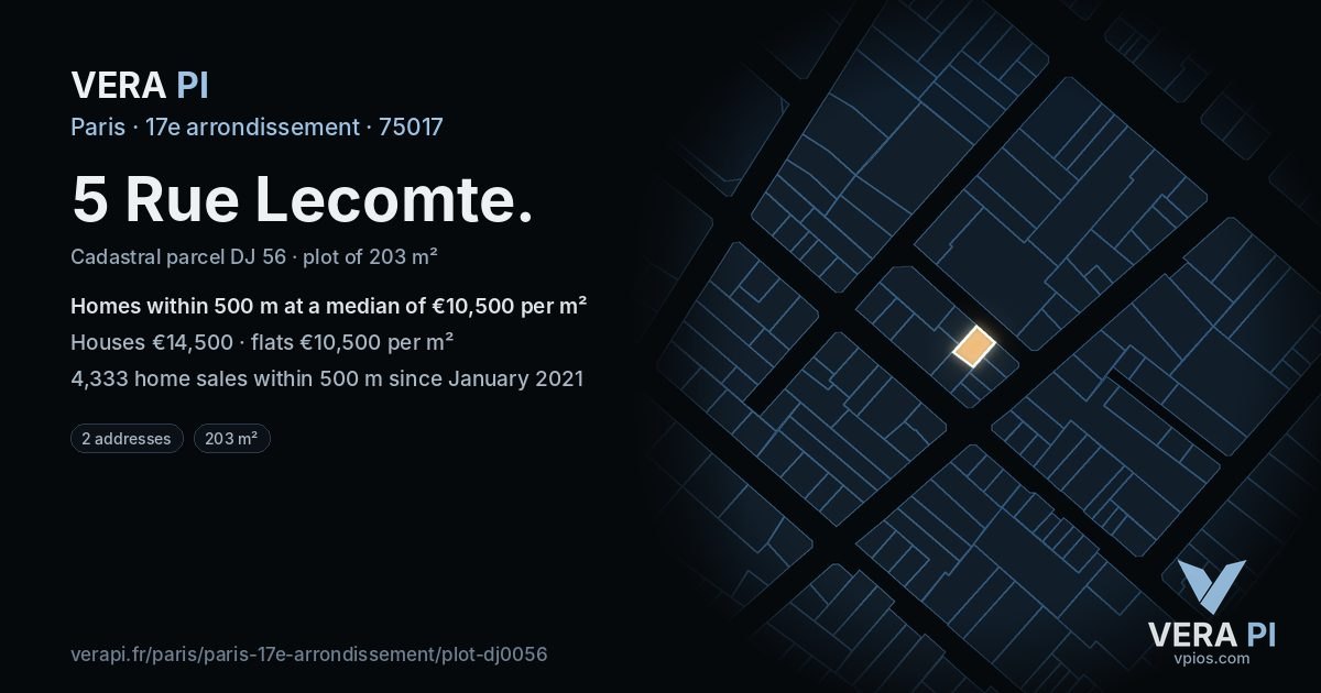 5 Rue Lecomte, 17e arrondissement at night – the plot lit, the parcels around coloured by the prices near them