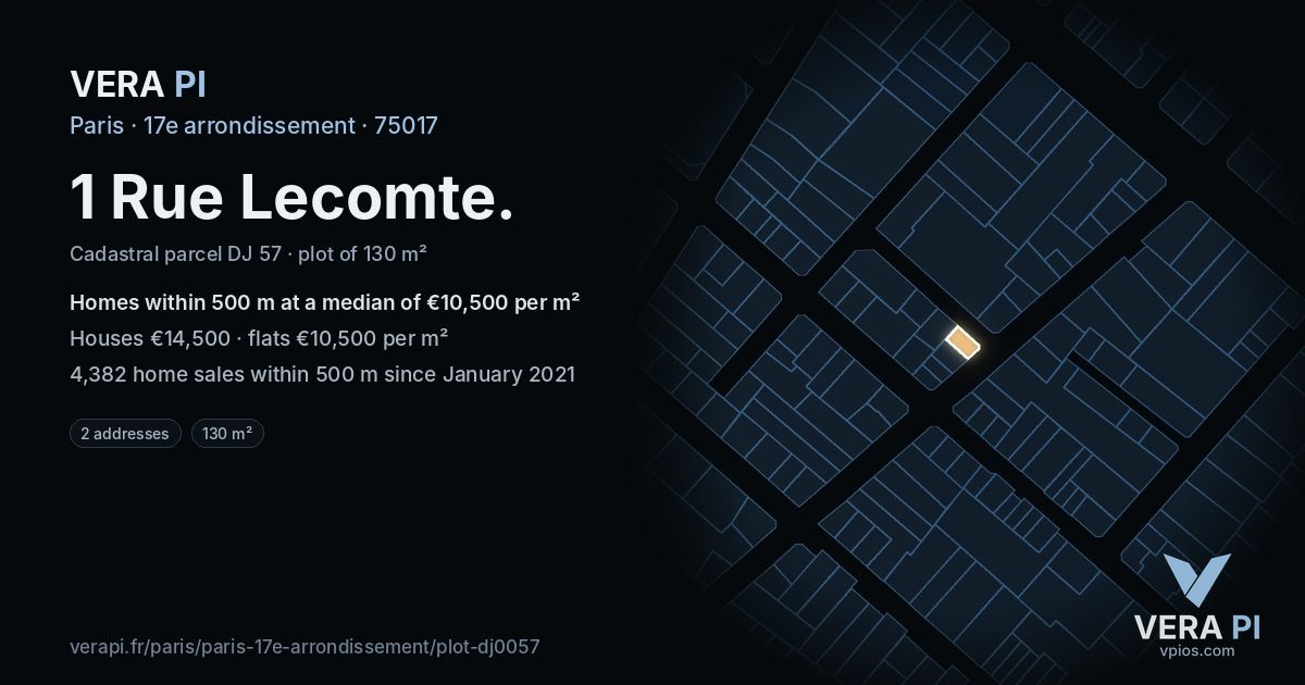 1 Rue Lecomte, 17e arrondissement at night – the plot lit, the parcels around coloured by the prices near them