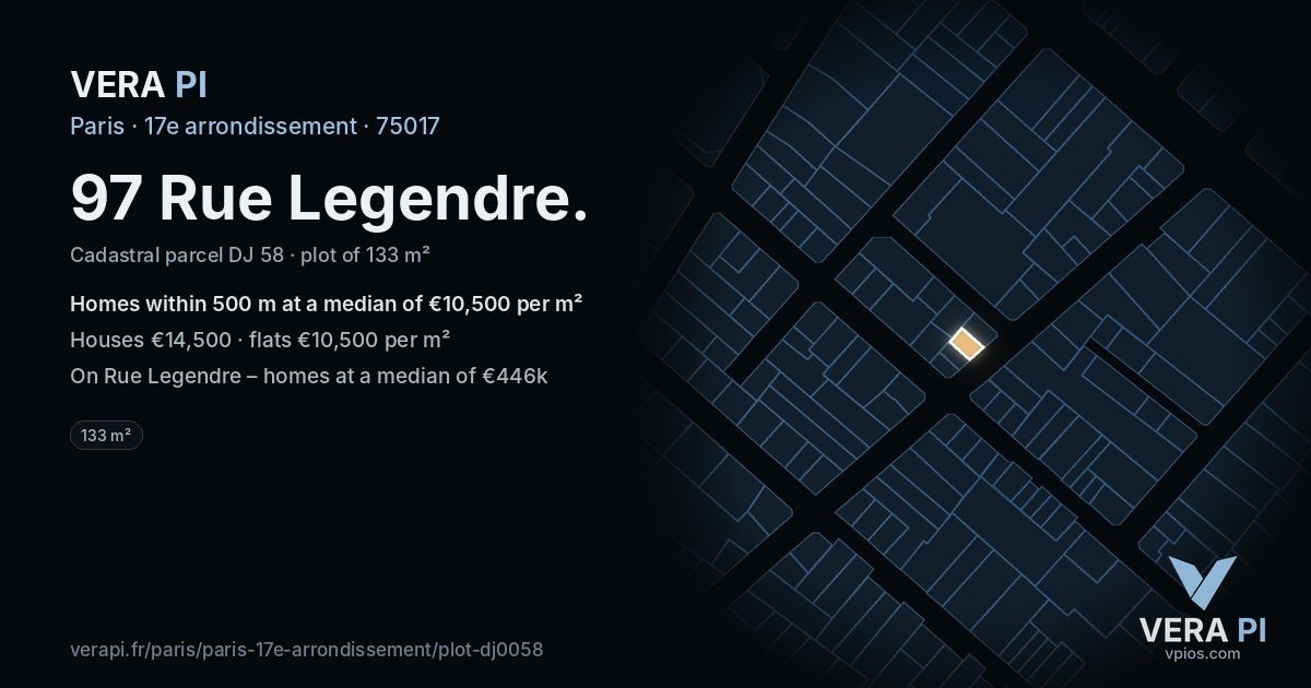 97 Rue Legendre, 17e arrondissement at night – the plot lit, the parcels around coloured by the prices near them