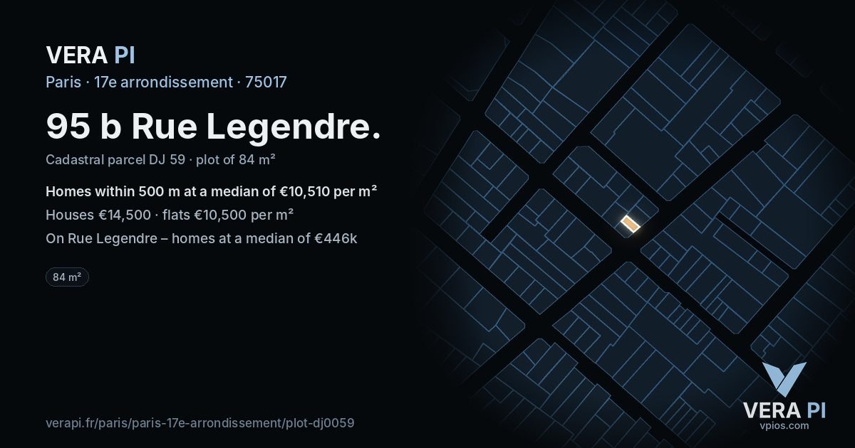 95 b Rue Legendre, 17e arrondissement at night – the plot lit, the parcels around coloured by the prices near them