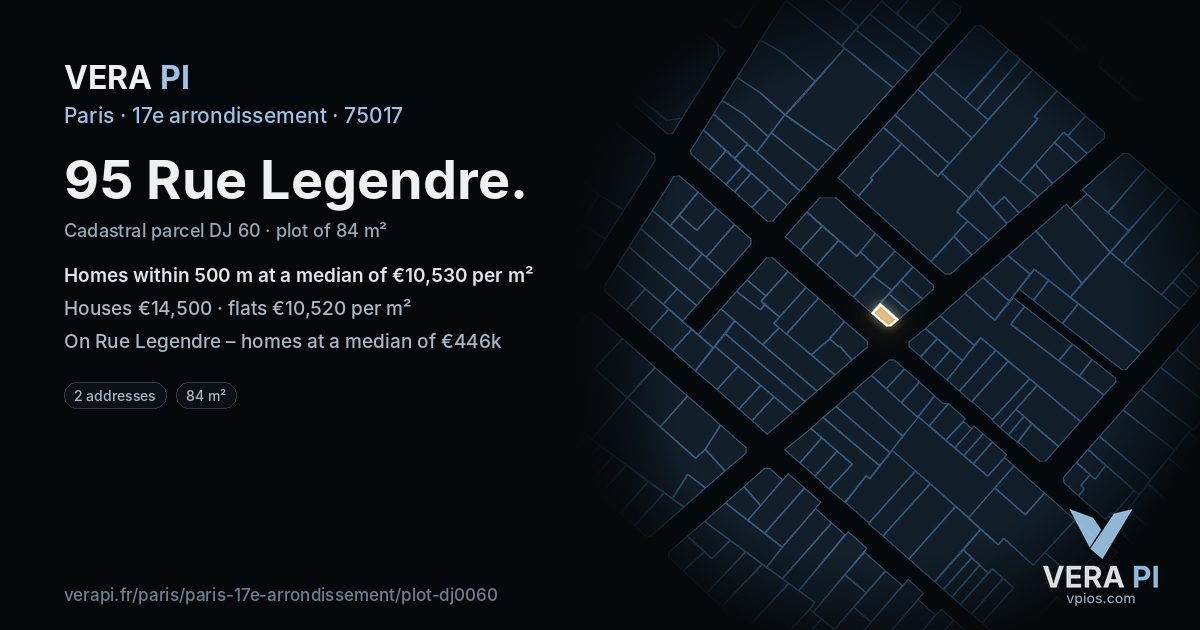 95 Rue Legendre, 17e arrondissement at night – the plot lit, the parcels around coloured by the prices near them