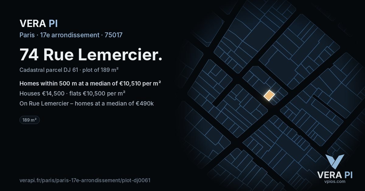 74 Rue Lemercier, 17e arrondissement at night – the plot lit, the parcels around coloured by the prices near them