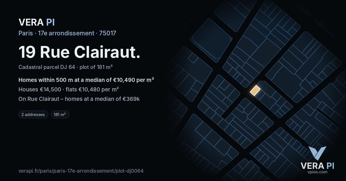 19 Rue Clairaut, 17e arrondissement at night – the plot lit, the parcels around coloured by the prices near them