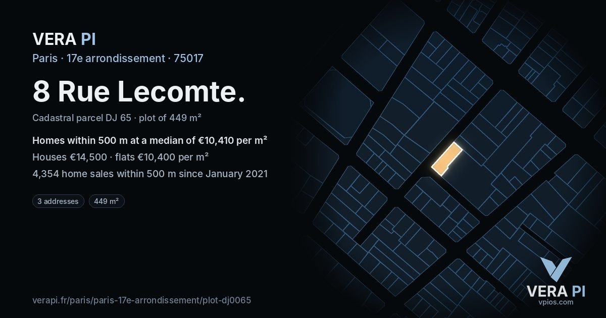 8 Rue Lecomte, 17e arrondissement at night – the plot lit, the parcels around coloured by the prices near them