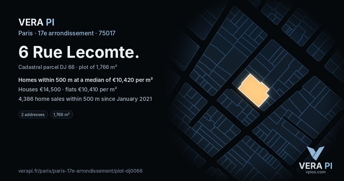6 Rue Lecomte, 17e arrondissement at night – the plot lit, the parcels around coloured by the prices near them