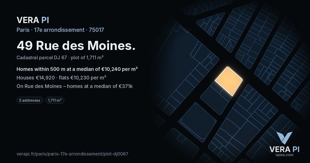 49 Rue des Moines, 17e arrondissement at night – the plot lit, the parcels around coloured by the prices near them