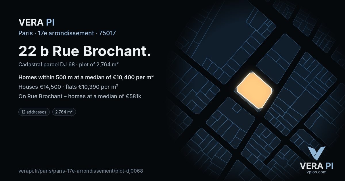 22 b Rue Brochant, 17e arrondissement at night – the plot lit, the parcels around coloured by the prices near them