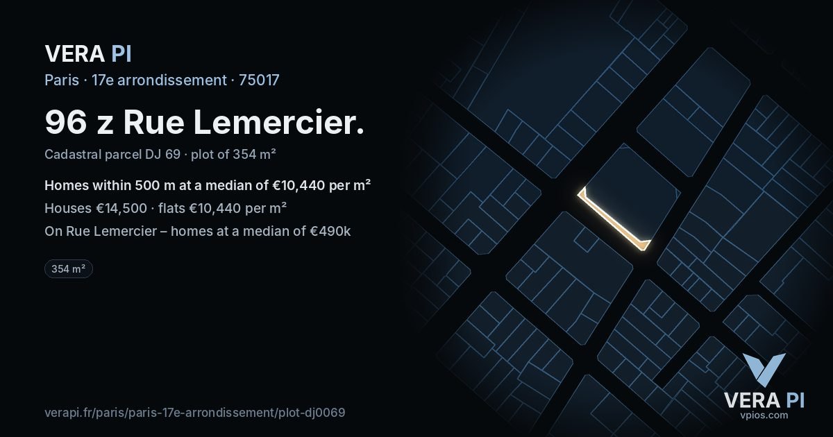 96 z Rue Lemercier, 17e arrondissement at night – the plot lit, the parcels around coloured by the prices near them