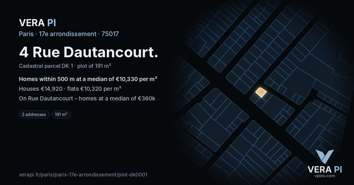 4 Rue Dautancourt, 17e arrondissement at night – the plot lit, the parcels around coloured by the prices near them